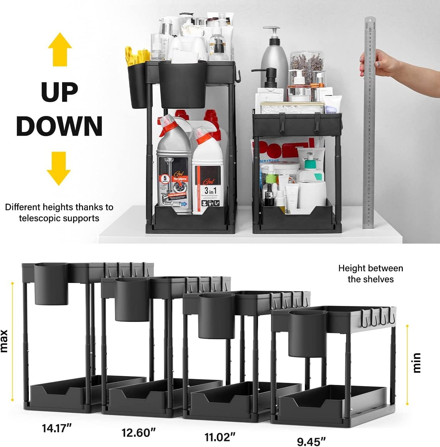 Multi-purpose 2-tier sliding pull out under sink cabinet bathroom kitchen pantry organizer storage shelves under the sink