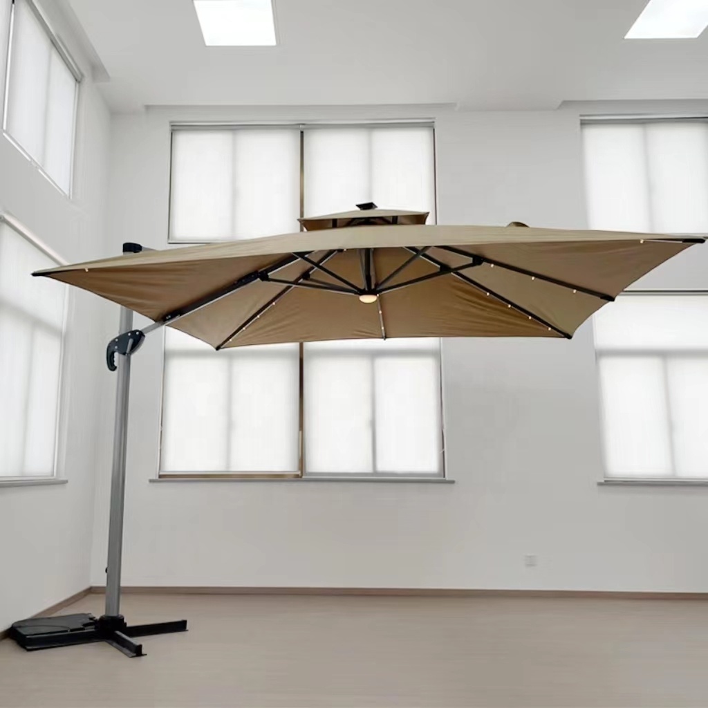 L High-end Outdoor Waterproof Solar Powered LED Aluminium Roma Umbrella Square 3*3M Cantilever Garden Caffe Patio Sun Parasol