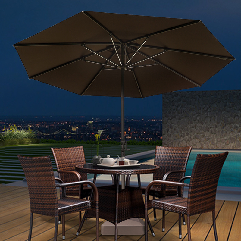 Garden handmade coffee patio furniture 15ft big size usb charger and fashion outdoor led light umbrella