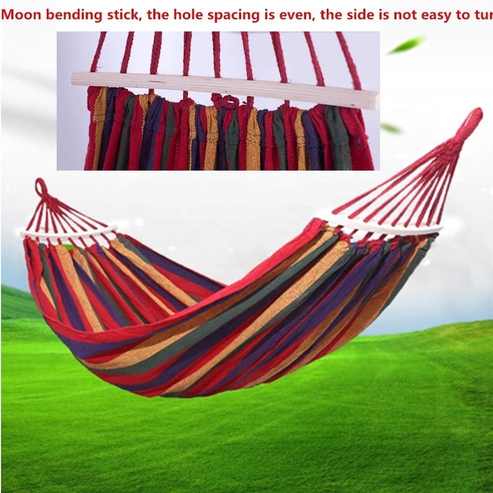 Outdoor Brazilian Double Hammock Canvas Cotton Travel Hammocks Beach Swing Bed with Hardwood Spreader Bar Suspended Tree Hammock