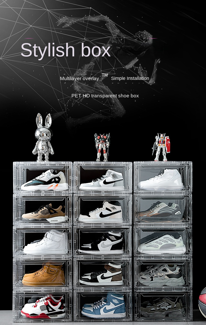 Wholesale Plastic Sneaker Stackable Shoe Storage Boxes Drop Front Acrylic Drawer Type Magnetic Clear Shoe Box