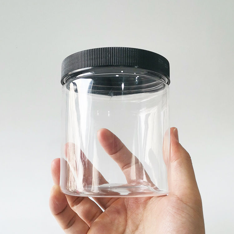 Wholesale Black Plastic Candy Jars with Lids Clear Food Container Round PET Jars 500ml