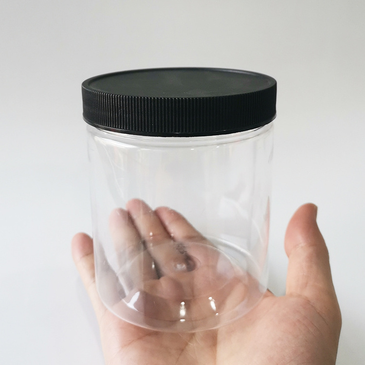 Wholesale Black Plastic Candy Jars with Lids Clear Food Container Round PET Jars 500ml