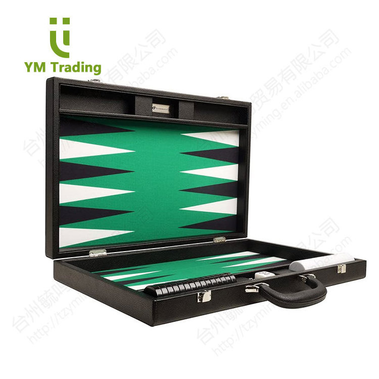 Backgammon Luxury Travel Leather Board Black And Green Building Portable Handle Series