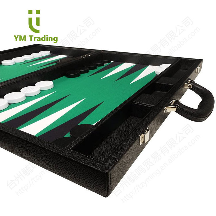 Backgammon Luxury Travel Leather Board Black And Green Building Portable Handle Series