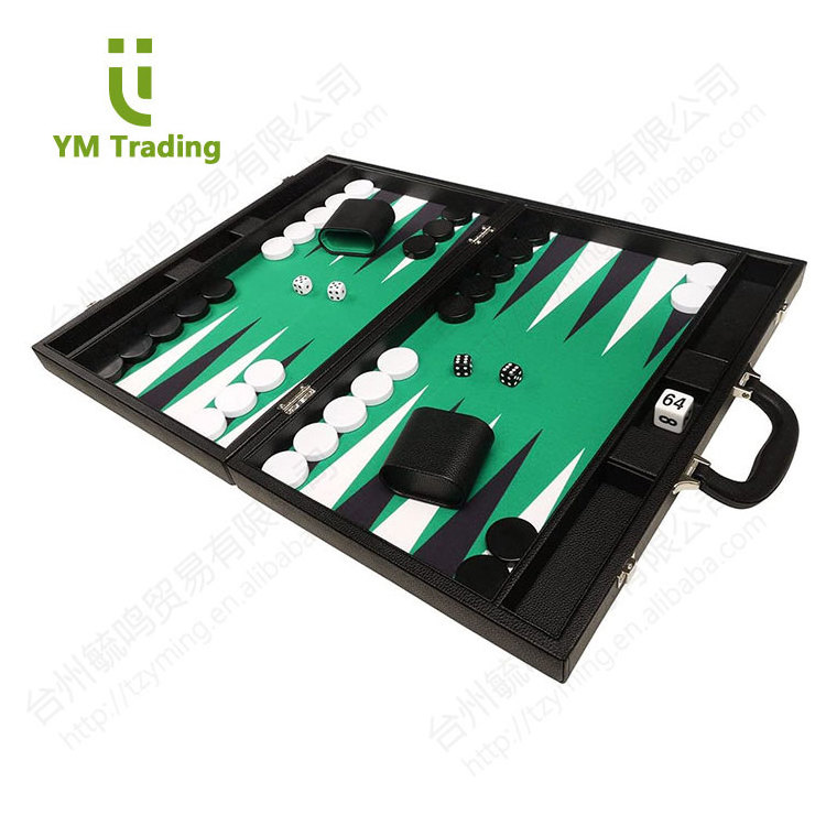 Backgammon Luxury Travel Leather Board Black And Green Building Portable Handle Series