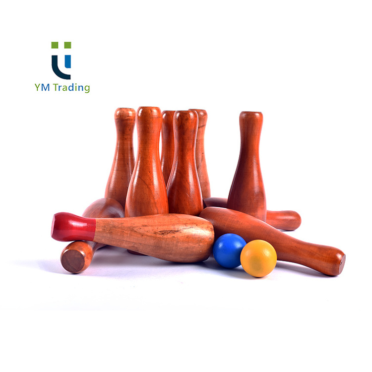 YUMING Wooden Skittle Set 10 Pin Bowling Set for Kids Garden Toys With 2PCS 6.8 cm Color Ball for Adults And Children