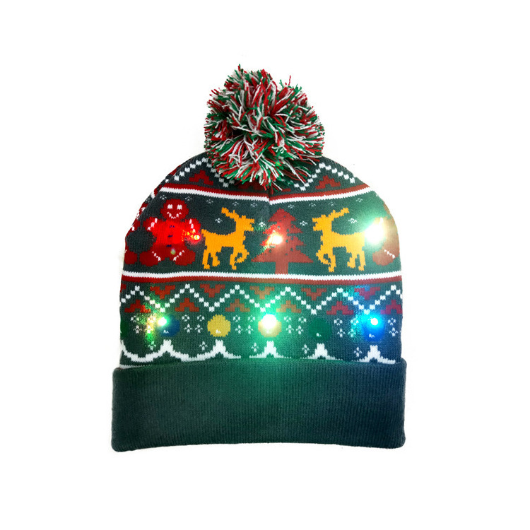 New LED Christmas Knitted Hat Flanging with Ball American Warm Decorative Hat with Light For Women