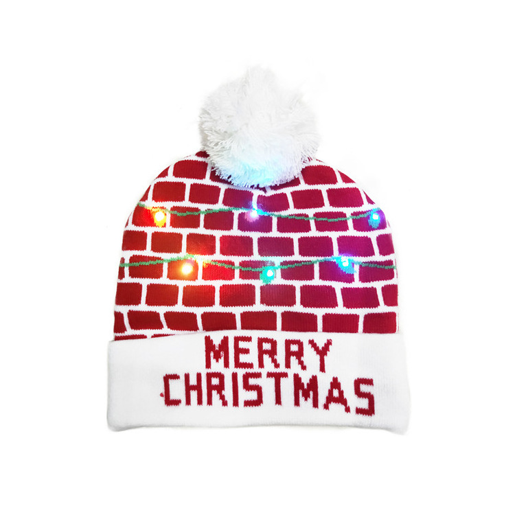 New LED Christmas Knitted Hat Flanging with Ball American Warm Decorative Hat with Light For Women