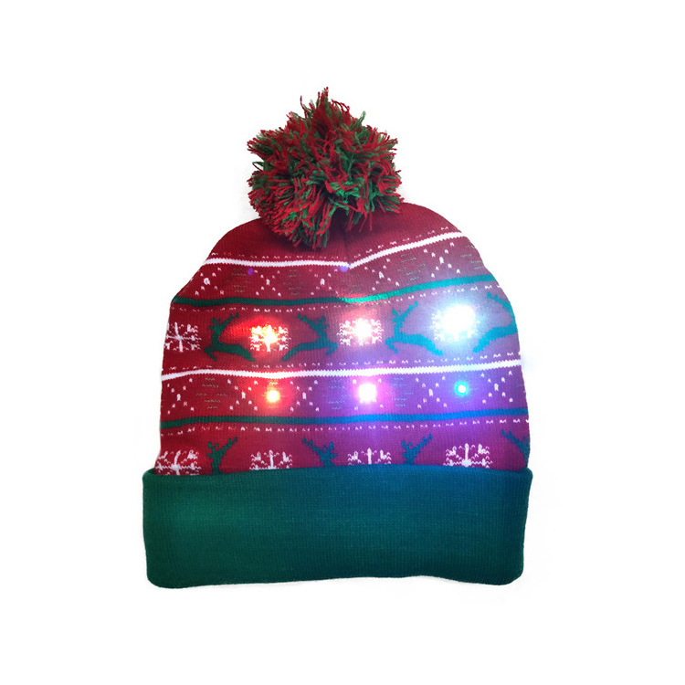 New LED Christmas Knitted Hat Flanging with Ball American Warm Decorative Hat with Light For Women