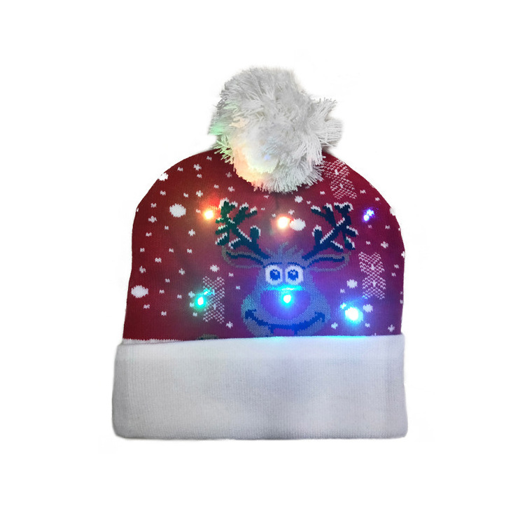 New LED Christmas Knitted Hat Flanging with Ball American Warm Decorative Hat with Light For Women