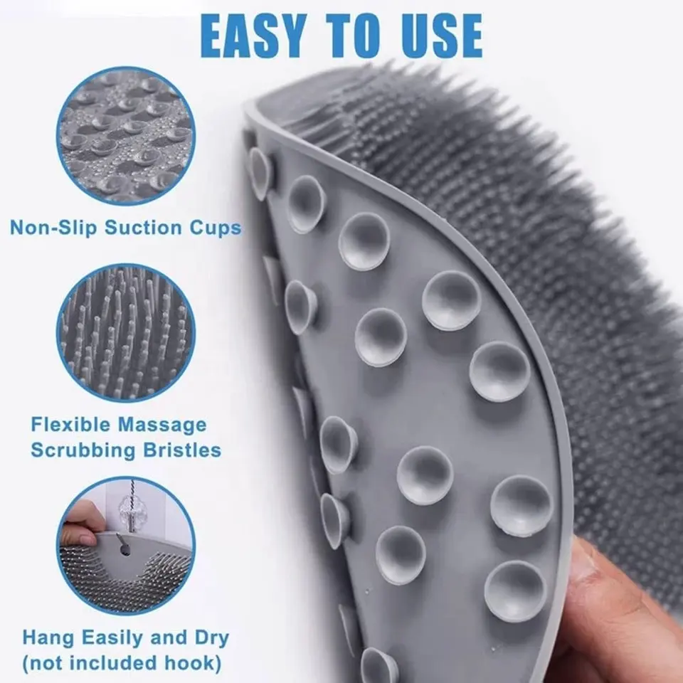 Bathroom Non-slip Silicone Foot Shower Mat Back Foot Scrubber with Suction Cup Massager Brush Body Scrubber Efoliating Mat