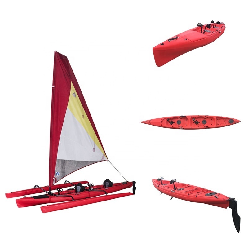 premium high cost non-inflatable blue ocean trimaran double sit-on-top foot pedal drive fishing kayak&canoe&sailing boat