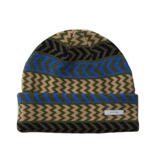 2023 beanie hats jacquard custom logo acrylic knitted stripe beanies with patches