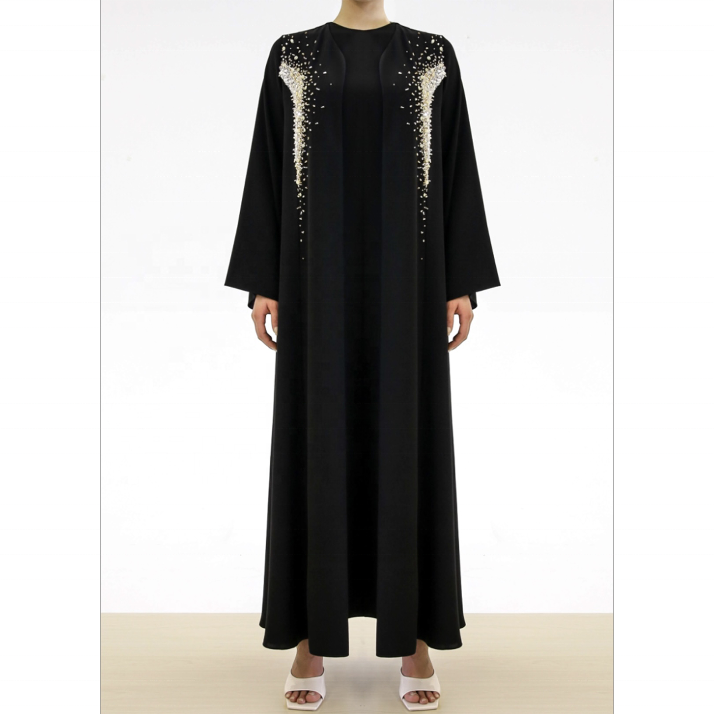 New Modest Elegant Hand Made Embroidery Bead Nida Islamic Clothing Ladies Women Open Abaya Dubai Kimono Muslim Long Sleeve Dress