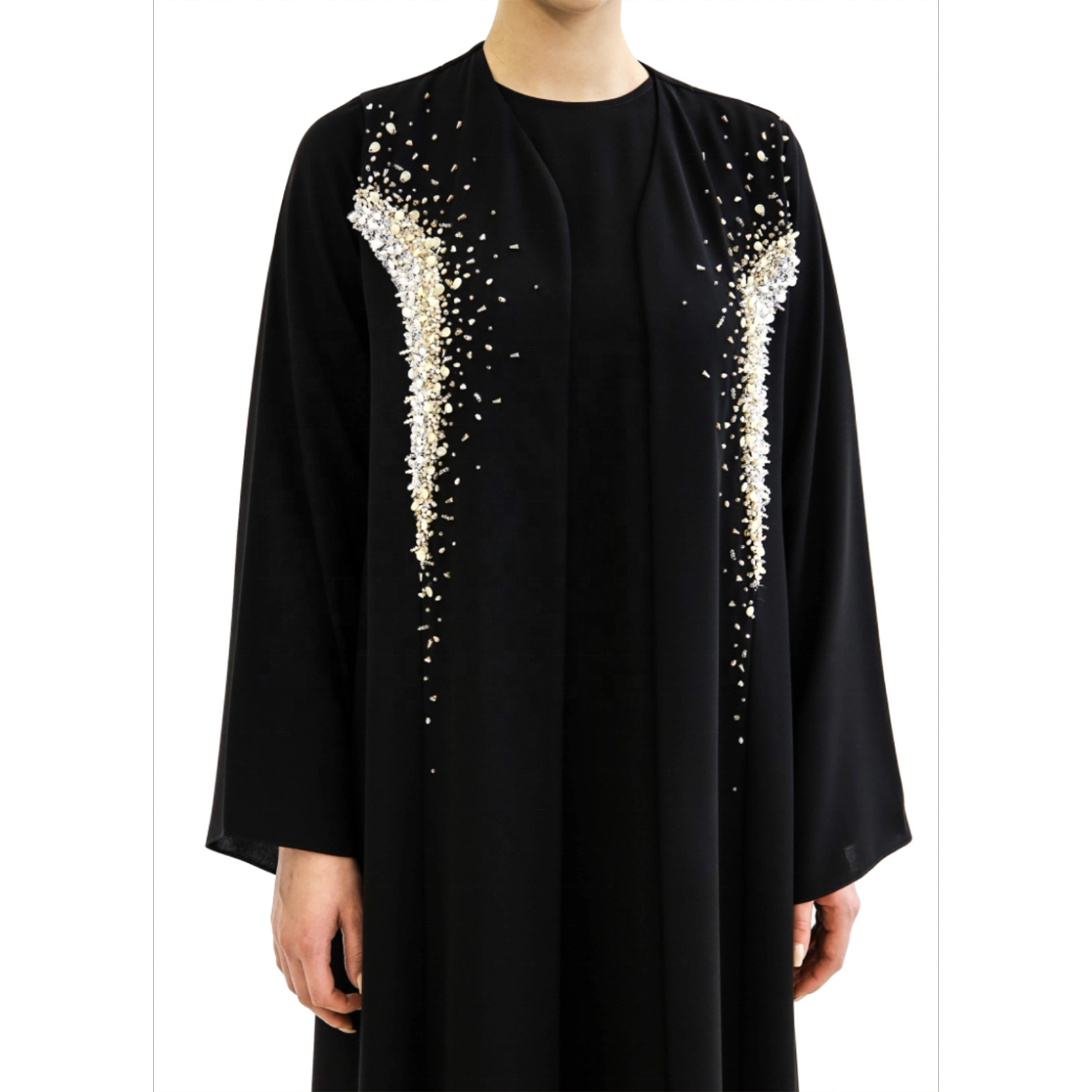 New Modest Elegant Hand Made Embroidery Bead Nida Islamic Clothing Ladies Women Open Abaya Dubai Kimono Muslim Long Sleeve Dress