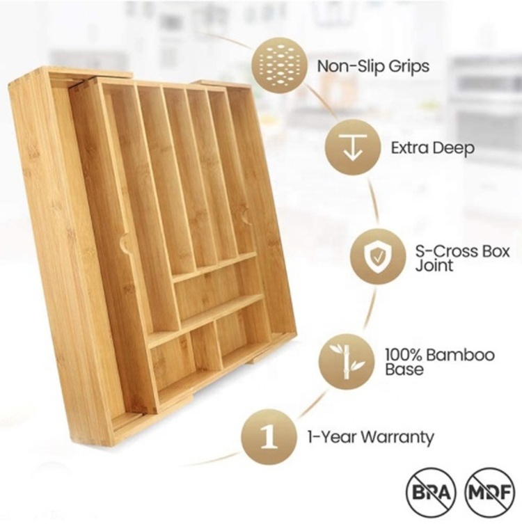 Bamboo Expandable Drawer Organizer Utensils Holder Adjustable Cutlery Tray Wood Drawer Dividers Organizer in Kitchen Bedroom