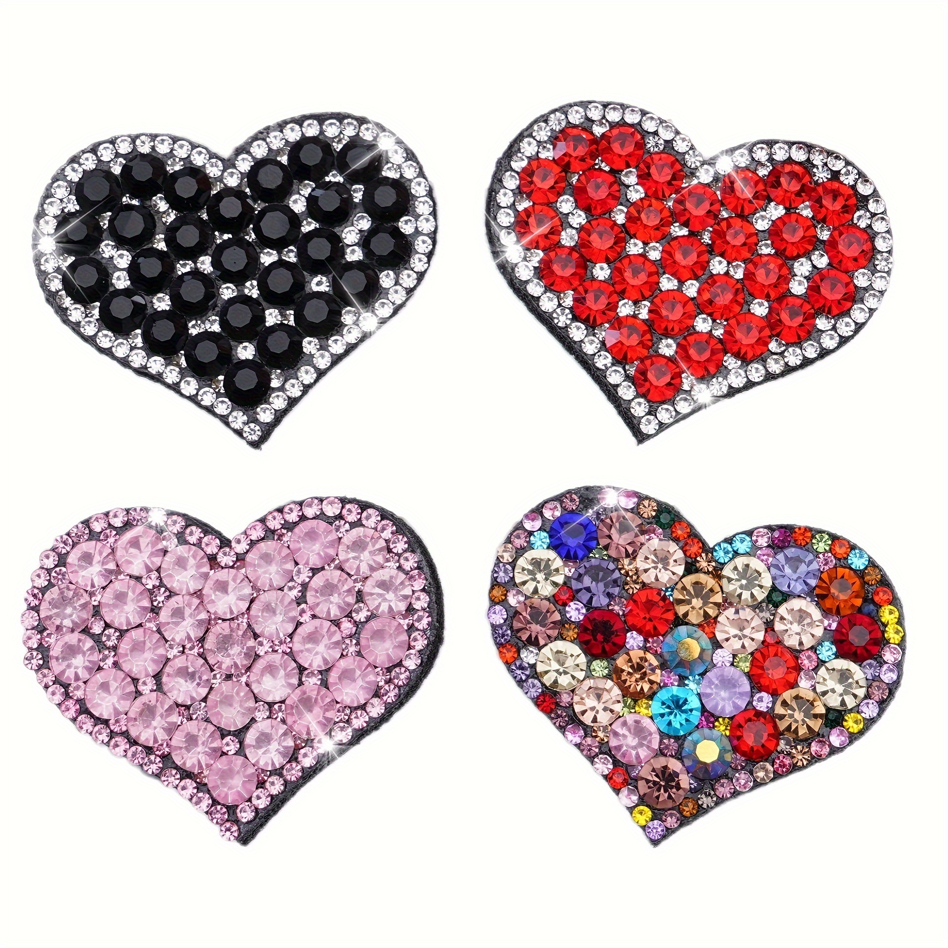 A Set of 4pcs Heart DIY Sew On Patch Rhinestone Decals Colorful Adhesive Hot Glue Star Glitter Crystal Patches