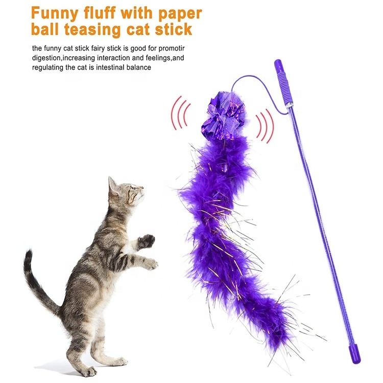 Funny Interactive Cat Feather Toys for Indoor and outdoor cat Wand Stick with Sound Paper