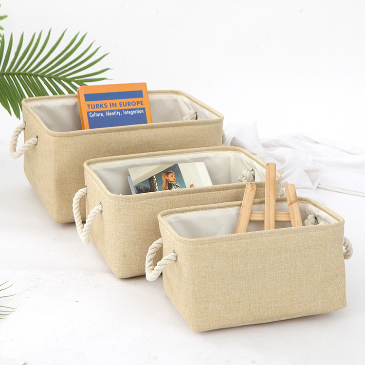 Cotton Linen Storage Basket with Coarse Cotton Rope Handle Thick EVA Lining Woven Folding Sundries/Clothing Basket