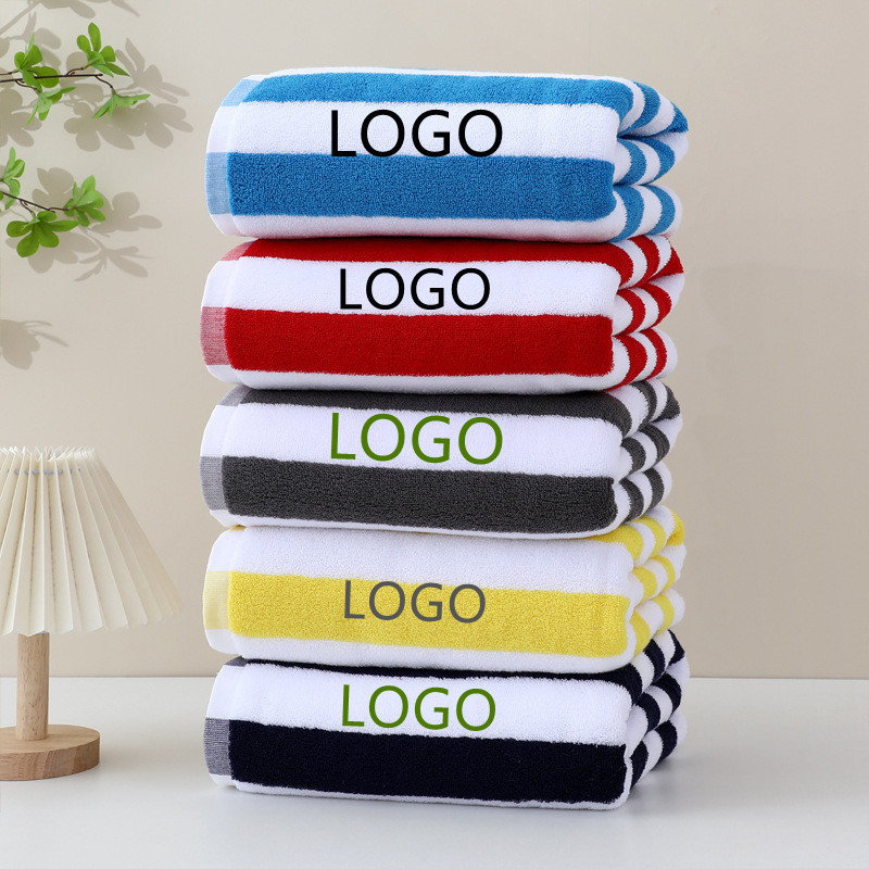 Custom Embroidery LOGO 100% Cotton Large Swimming Pool Towel Stripe Poncho Beach Towel High Absorbent Lounge Chair Towels