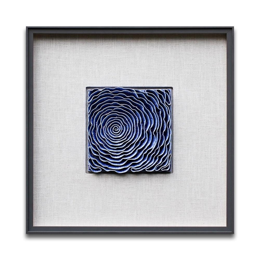 Wood Framed Delicate Blue Flower Ceramic Wall Art for Hotel Decor