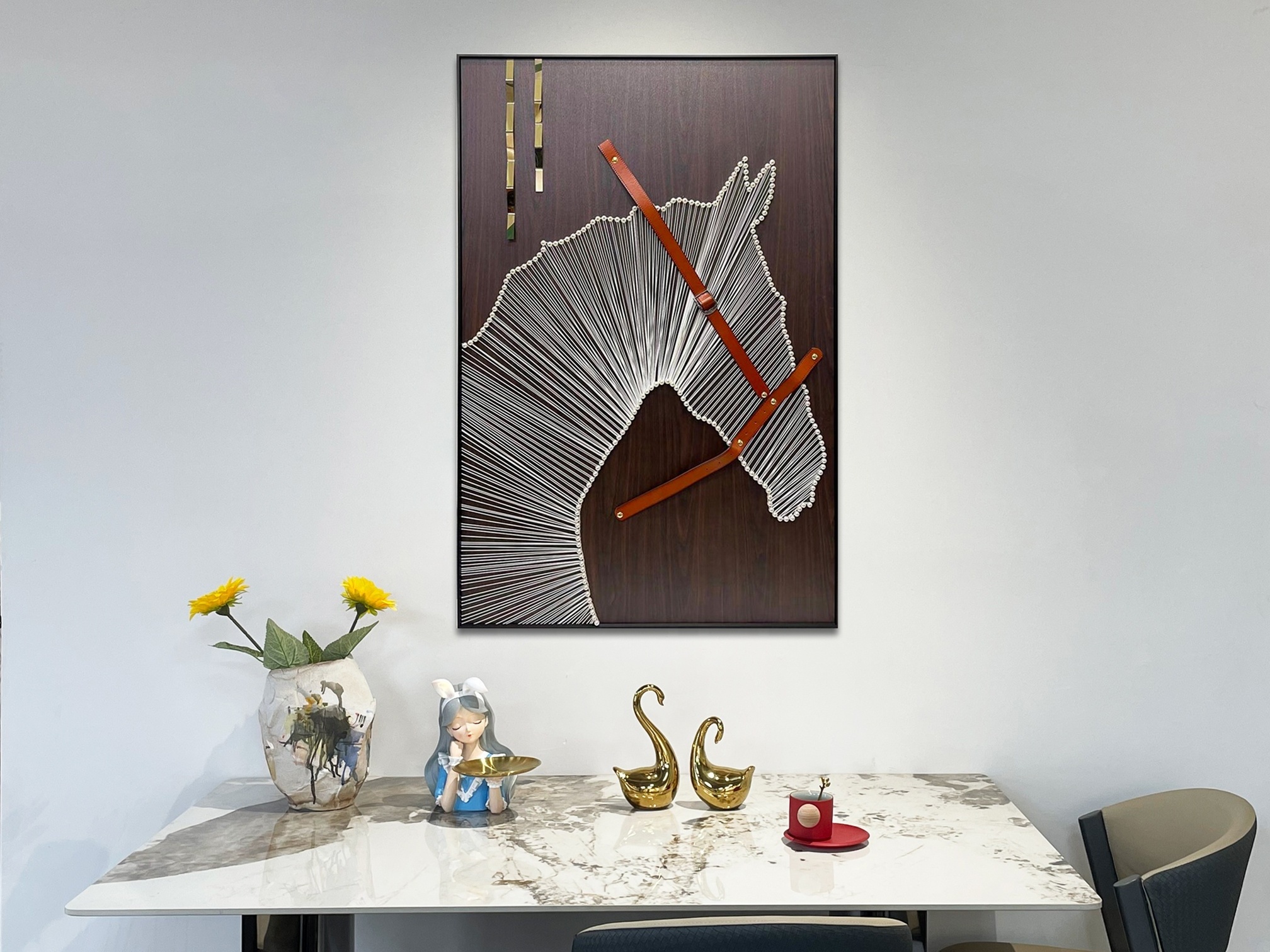 Abstract Horse Head Design Nails and Strings 3D Wall Art Animal Shape Wall Hanging Decor for Living Room