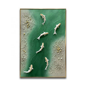 Gold Metal 3D Wall Sculpture Fish Swimming in Green River Vertical Pattern Silver Frame Hotel Room Decor Hanging Art