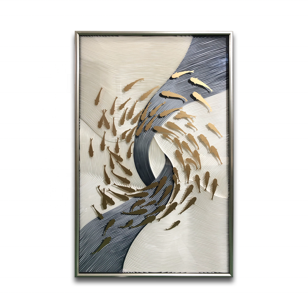 Gold Fish Swimming Art Decor Handmade Luxury Accent Papercraft Framed Wall Art Hotel Decoration