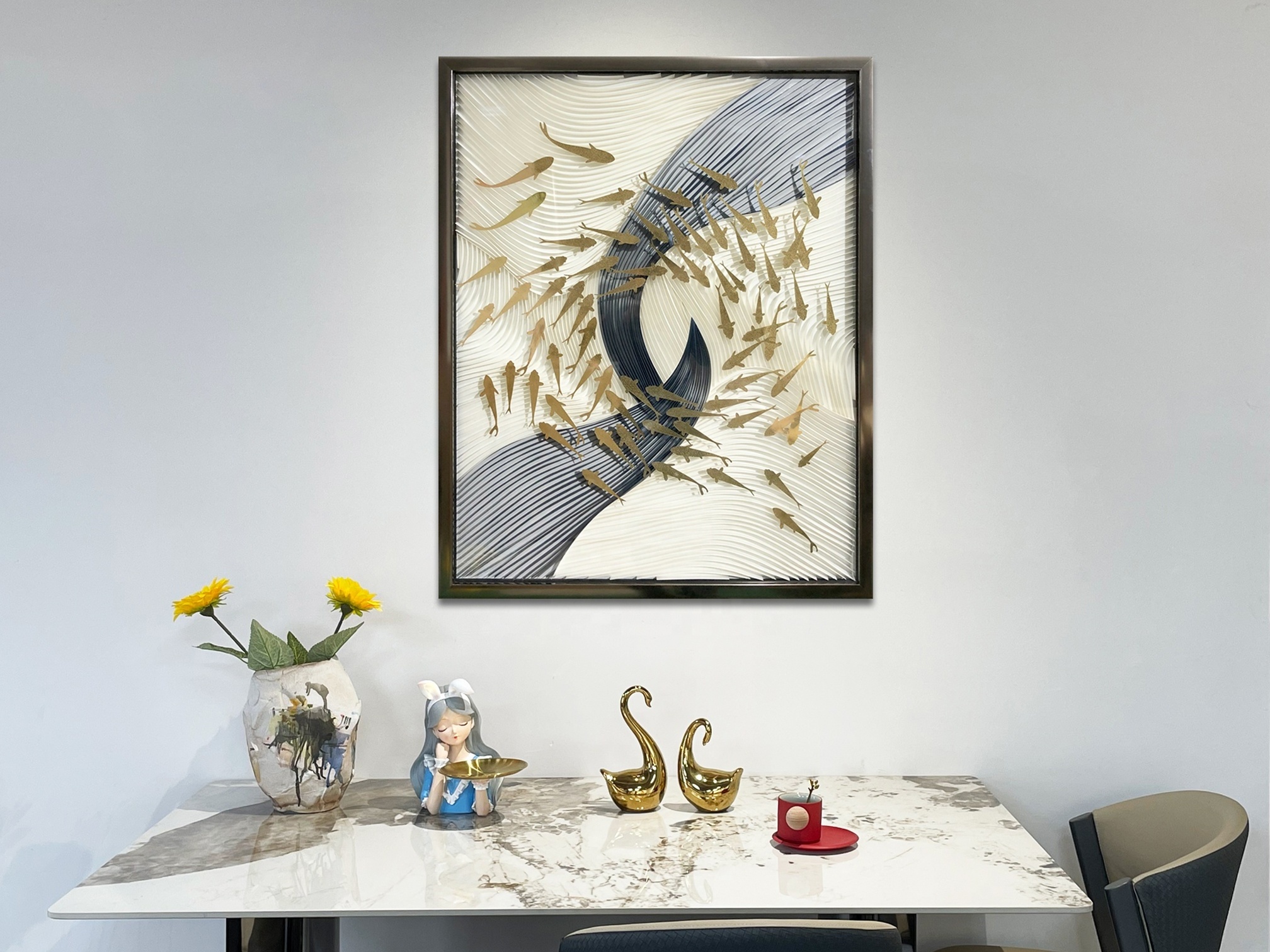 Wholesale Framed Wall Art Blue Papercutting Gold Fish Design Luxury 3D Wall Decor for Hotel Room