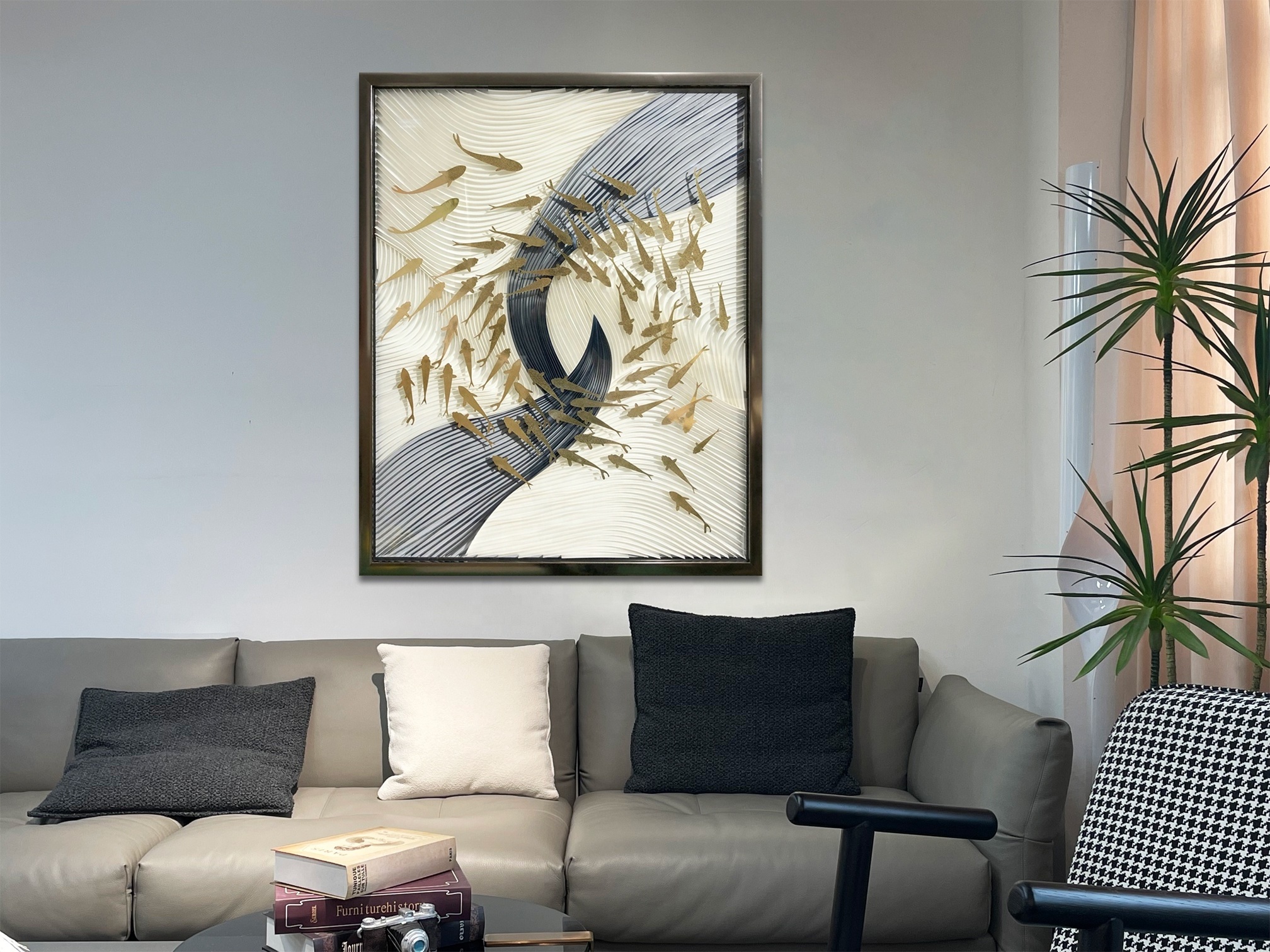 Wholesale Framed Wall Art Blue Papercutting Gold Fish Design Luxury 3D Wall Decor for Hotel Room