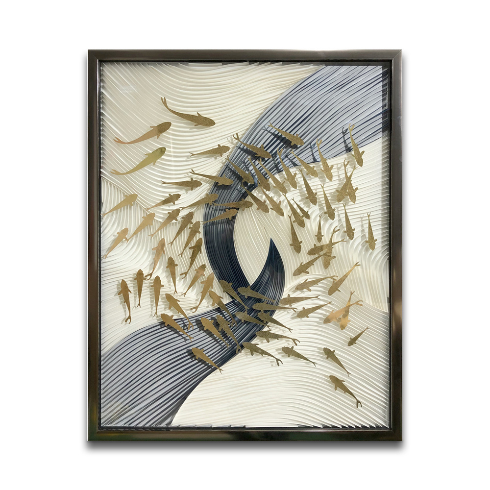 Wholesale Framed Wall Art Blue Papercutting Gold Fish Design Luxury 3D Wall Decor for Hotel Room