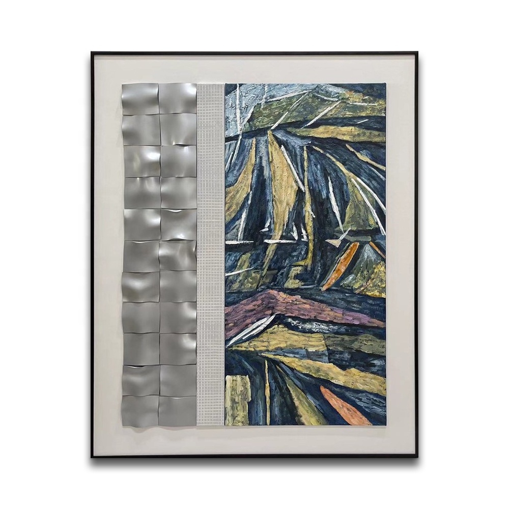 Silver Metal Abstract Green Plant 3D Wall Art Geometric Mixed Media Rectangle Design for Bedroom Living Room Decoration