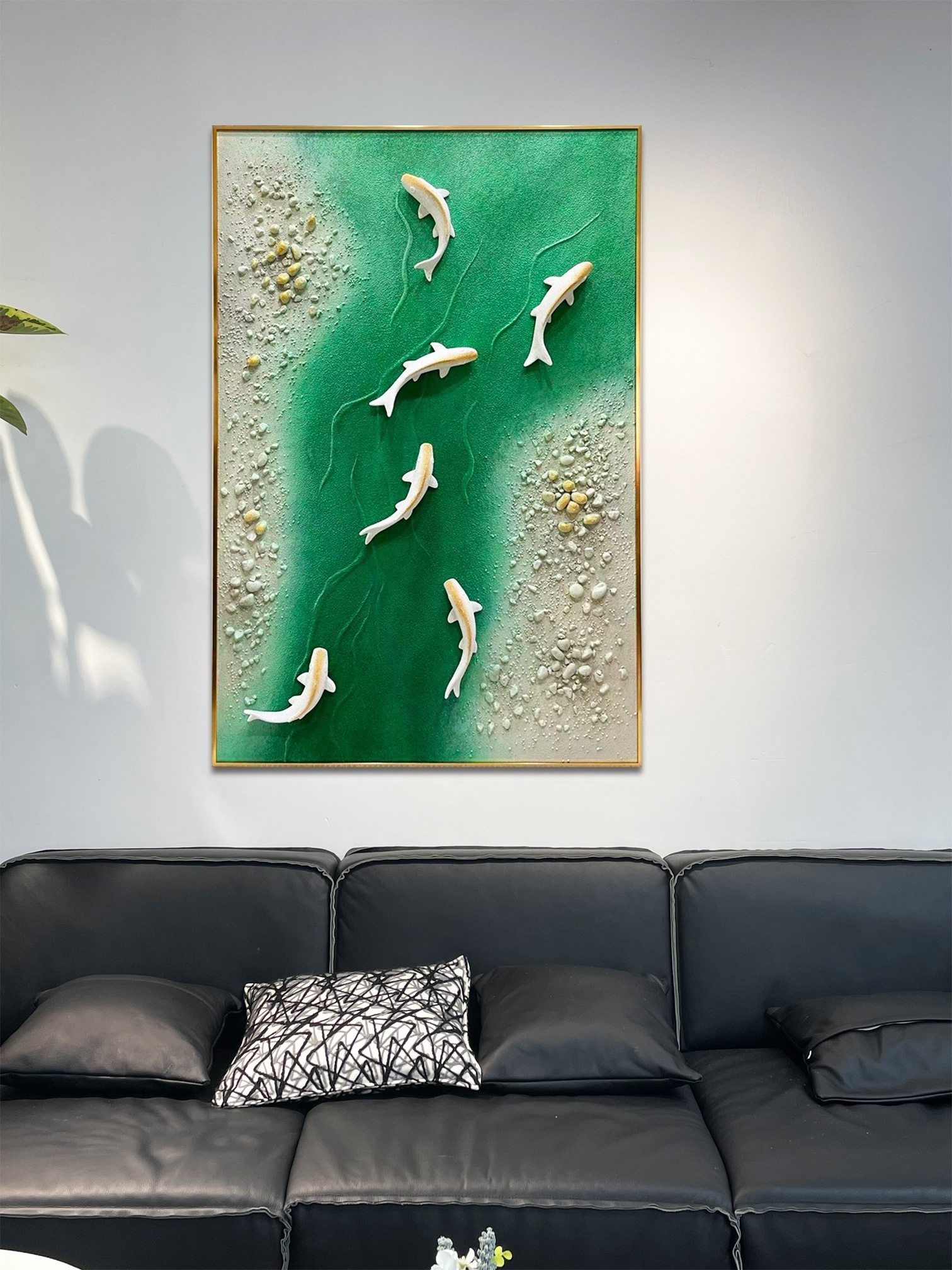 Gold Metal 3D Wall Sculpture Fish Swimming in Green River Vertical Pattern Silver Frame Hotel Room Decor Hanging Art