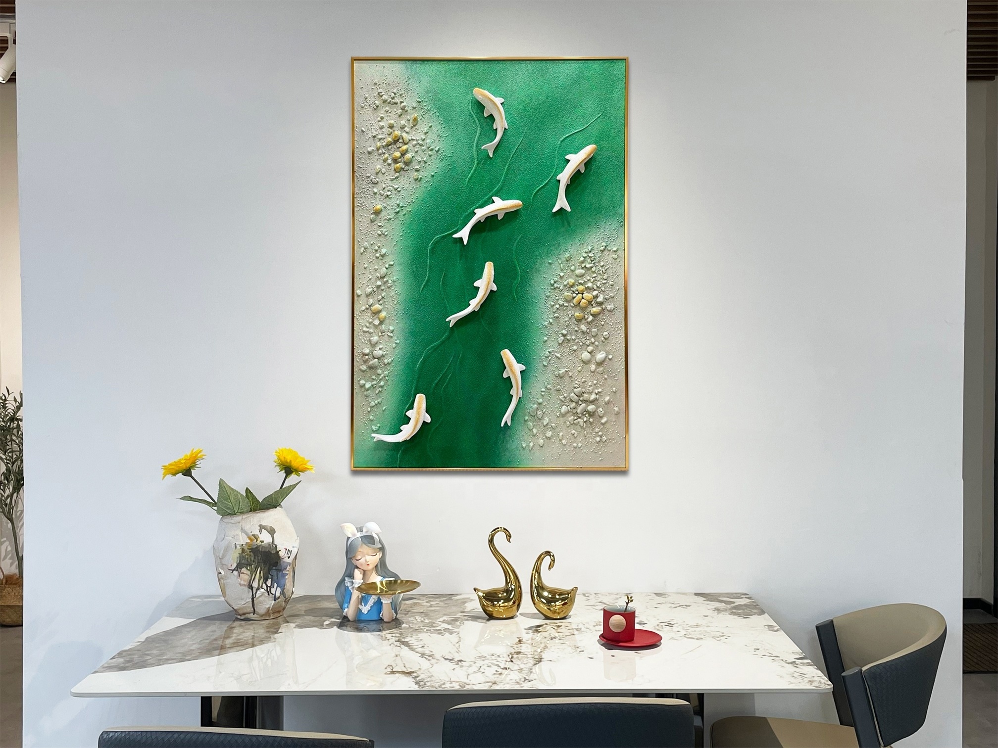 Gold Metal 3D Wall Sculpture Fish Swimming in Green River Vertical Pattern Silver Frame Hotel Room Decor Hanging Art