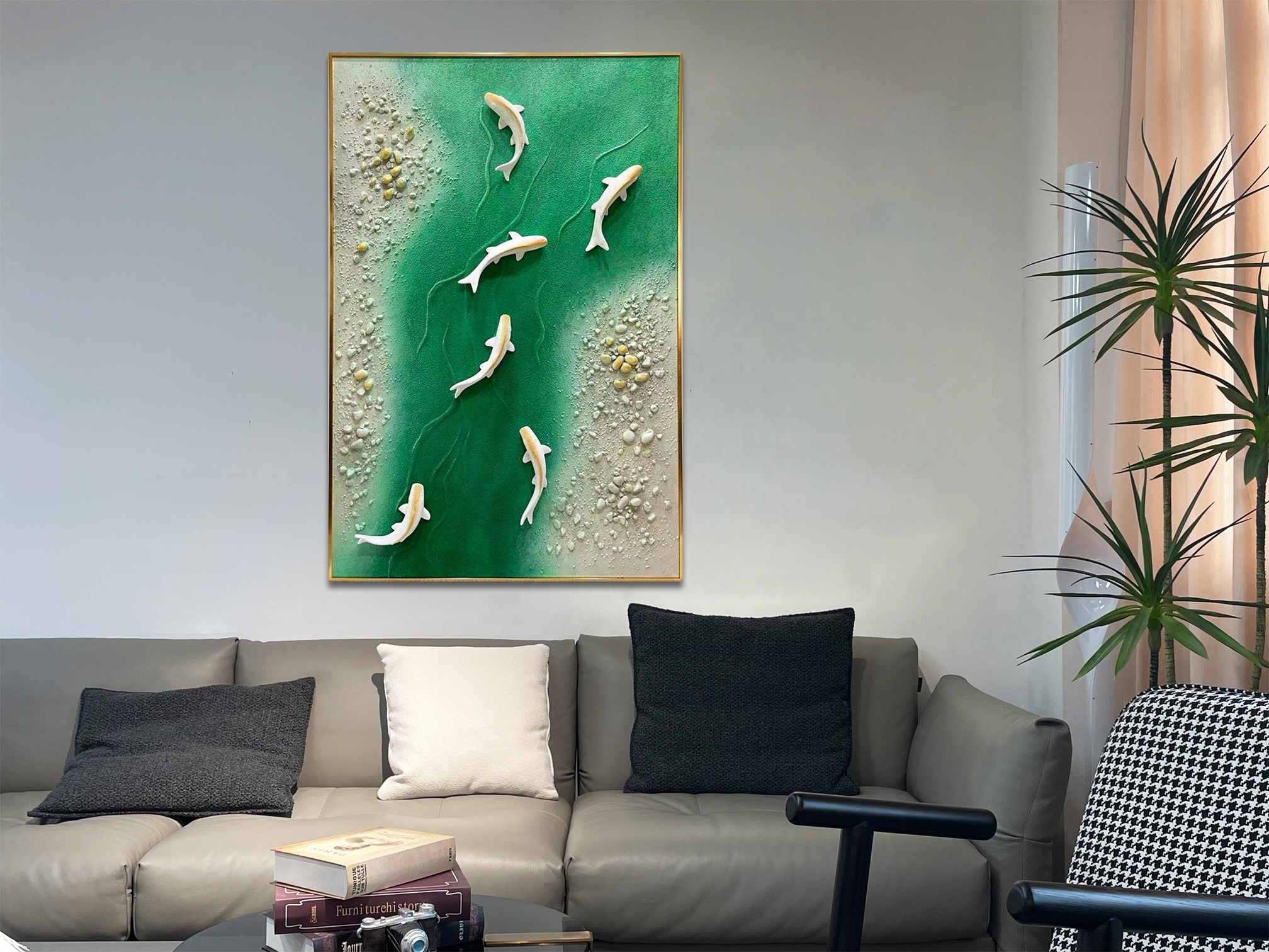 Gold Metal 3D Wall Sculpture Fish Swimming in Green River Vertical Pattern Silver Frame Hotel Room Decor Hanging Art