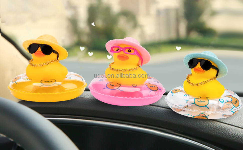 Yellow Lovely Car Ornaments Cool Duck with Propeller Helmet Sunglasses Gold Chain