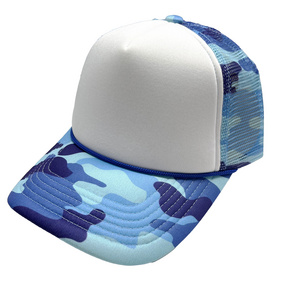 HN0002R Custom quality printed golf sun 5 panel purple blue camo camouflage blank caps foam plain mesh trucker hat