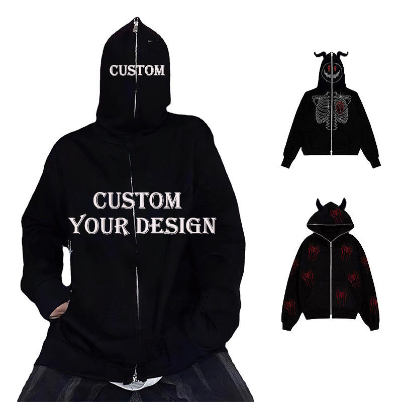 Custom logo all over print boys fleece lined over sized oem blank plain horns full men face mask zip up hoodies with eye holes