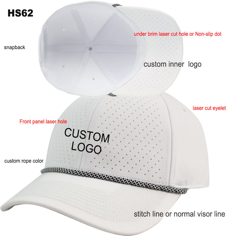 HS62 Quick Dry Polyester 6 Panel Curve Brim Waterproof Laser Cut Hole Perforated Golf Rope Hat Baseball Cap