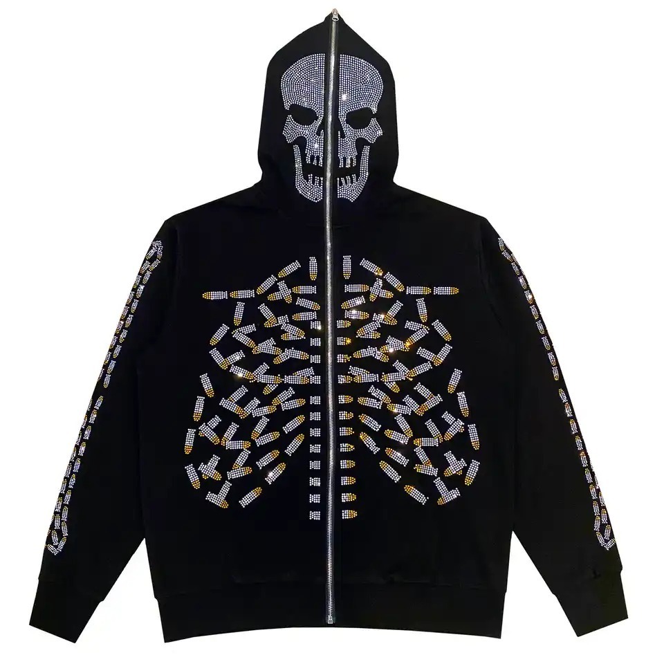 New Fashion Rhinestone Skeleton Full Face Zip Hoodie Streetwear Heavy Weight Full Zip Up Hoodie for men women