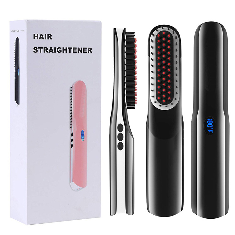 Dropshipping 2 in 1 USB Rechargeable Hair Beard Straightener Brush Comb Home Travel Cordless Hair Beard Straightener