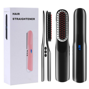 Dropshipping 2 in 1 USB Rechargeable Hair Beard Straightener Brush Comb Home Travel Cordless Hair Beard Straightener