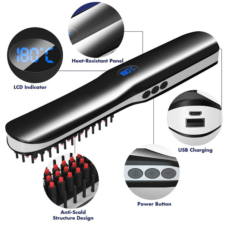 Dropshipping 2 in 1 USB Rechargeable Hair Beard Straightener Brush Comb Home Travel Cordless Hair Beard Straightener