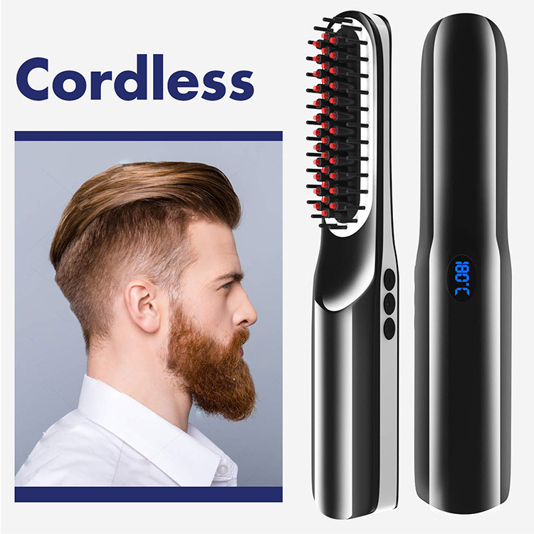 Dropshipping 2 in 1 USB Rechargeable Hair Beard Straightener Brush Comb Home Travel Cordless Hair Beard Straightener