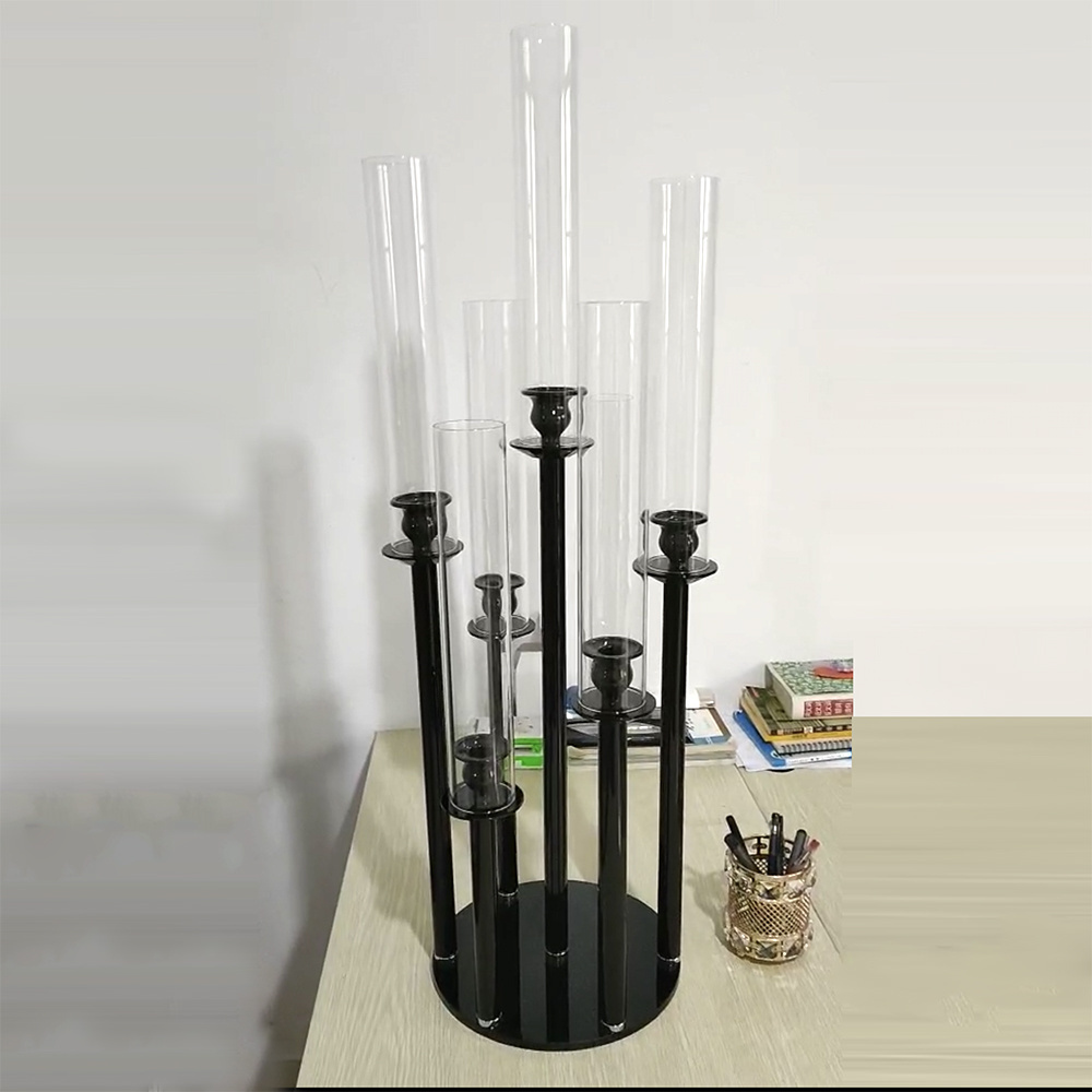 7 arms tall glass dome candlestick black crystal candelabra for wedding centerpiece