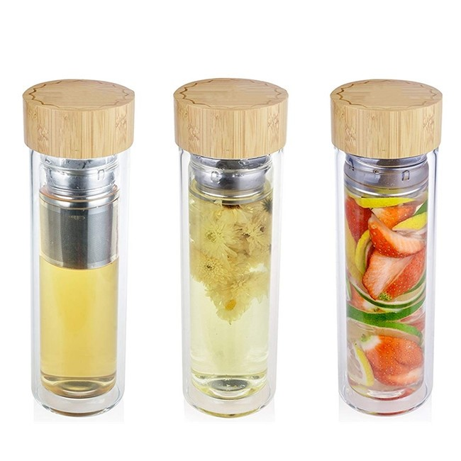 Hot Sale Manufacturer Customized heat resistant 420ml double wall glass tea infuser water bottle