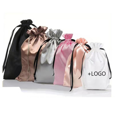 CHENGHE Custom Large Satin Silk Bags with Logo for Wigs Printed Hair Extension Bundles Drawstring Dust Pouch Bag Gift Packaging