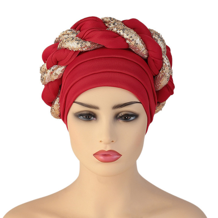 Wholesale Large Double braids hat For Women Female Headwrap African Space cotton Turban hat With sequins