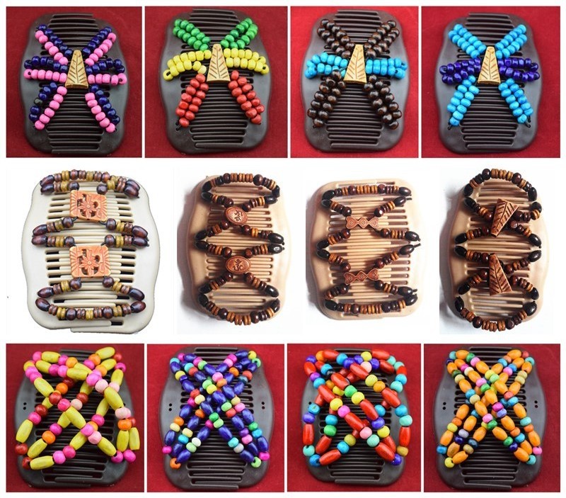 Custom retro fashion magic comb hair claw clips wooden beads double row hair comb for women hair bun